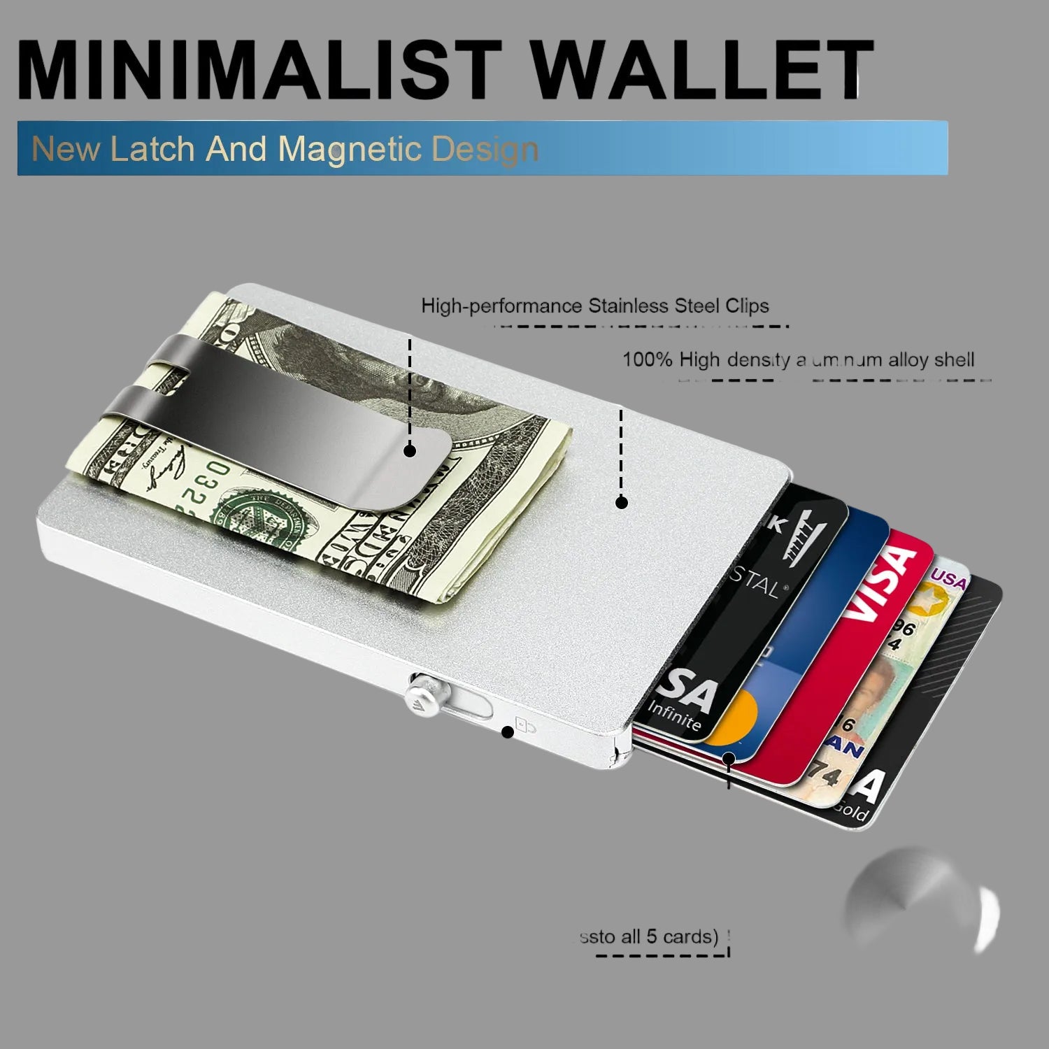 Minimalist Pop up Wallet with Money Clip, All Aluminum Slide Rfid Slim Card Holder