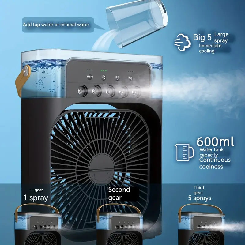 Portable air cooler with water tank and spray features on a blue background