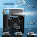 Portable air cooler with water tank and spray features on a blue background