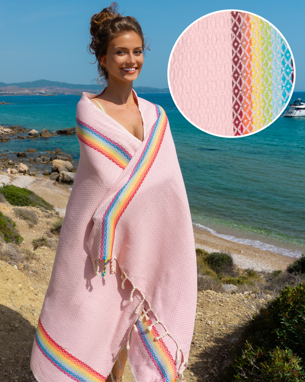 Serviette de plage RAINBOW, serviette de hammam turque, serviette de spa et de sauna - Rose