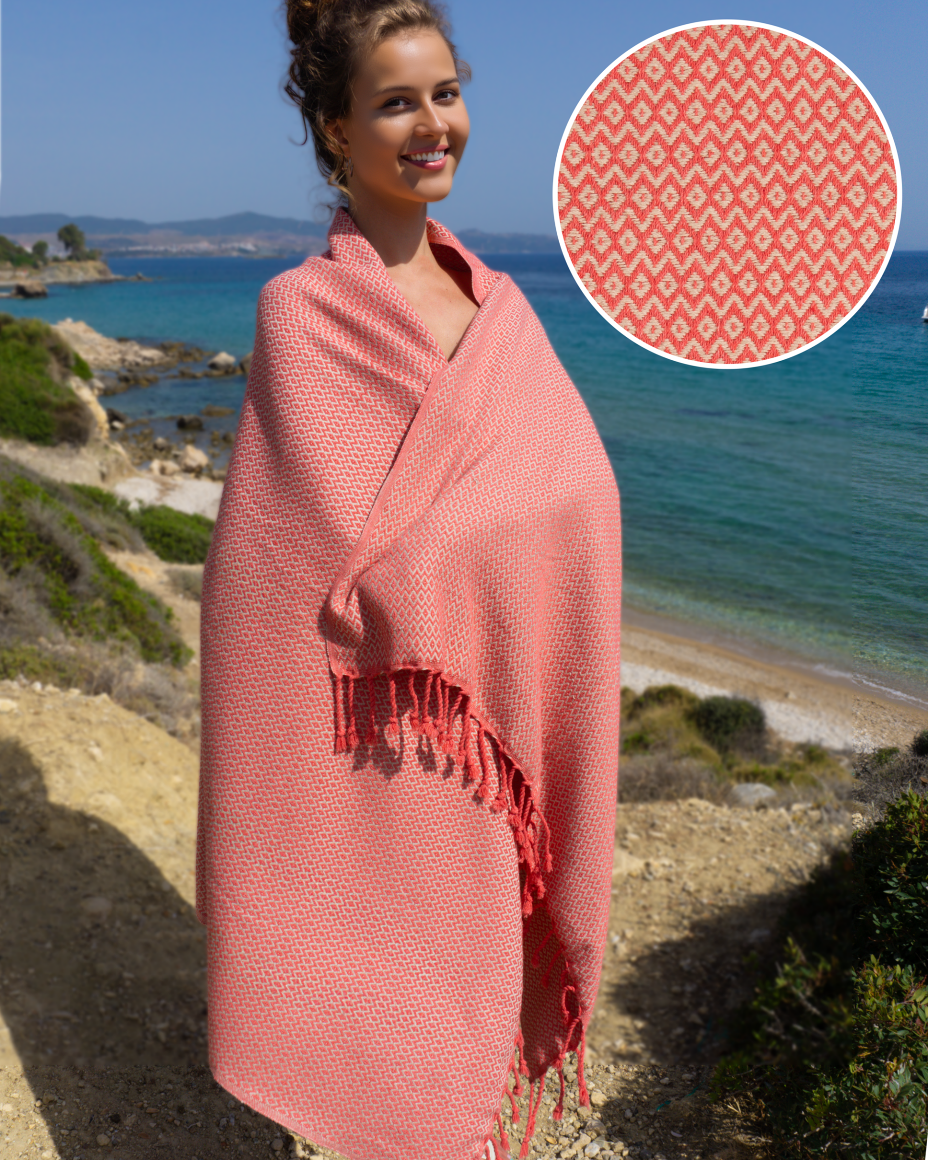SAMOS Turkish Cotton Scarf Hammam Towel - Fuchsia / Beige